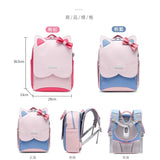 Pink and blue cat-ear kids backpack with bow, ergonomic straps, 36.5cm height, front side back views