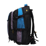 Black, blue, and purple travel backpack with multiple compartments and adjustable straps for students and travelers