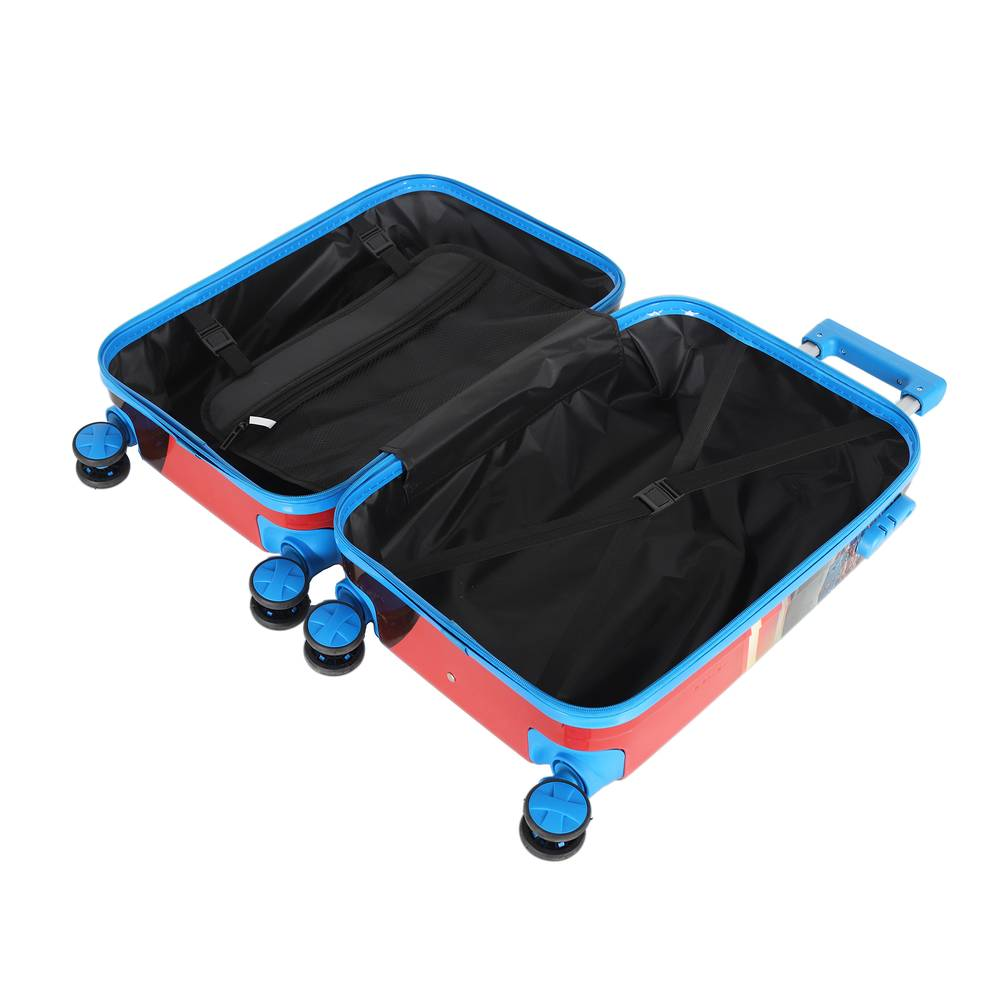 Red and blue hard-shell suitcase with black interior and spinner wheels, ideal for travel