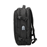 Black travel backpack with USB charging port and adjustable straps