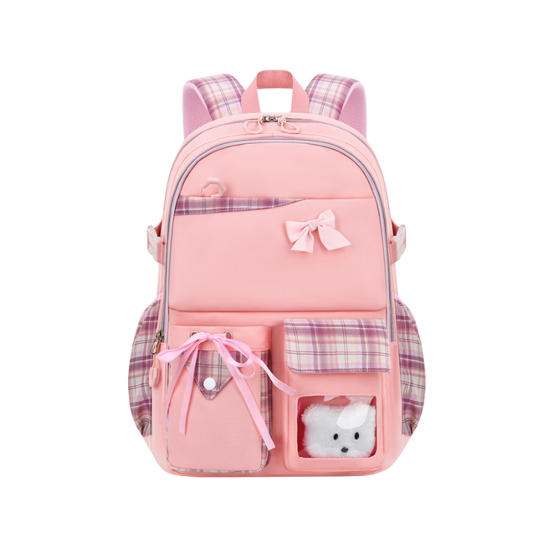 Pink student backpack with plaid accents, bow details, and front pocket holding a plush toy