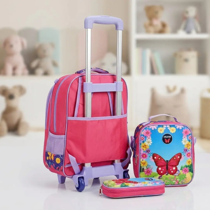 Girls Kids 3-Piece Butterfly Trolley School Bag Set