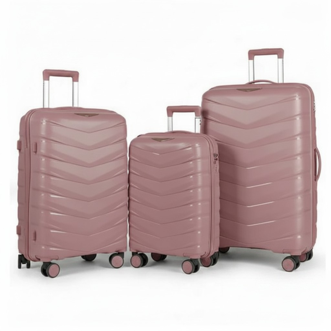 Dusty rose hardshell luggage set with chevron design, 3 sizes, spinner wheels, ideal for travel