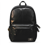 Black leather backpack with front pocket, ideal for students and travel, featuring durable zippers and brand patch.