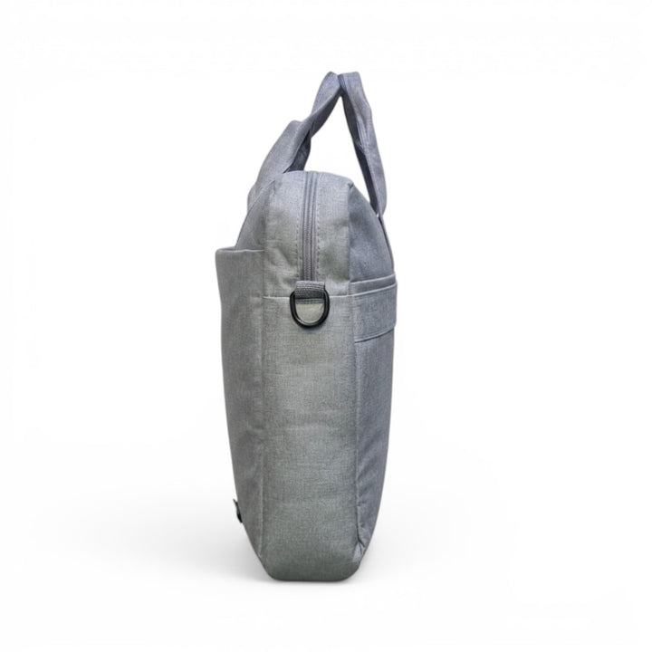 Gray laptop bag with top handle and side pocket, ideal for students and travel