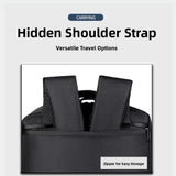 A black shoulder bag shown with a folded front view highlighting a hidden strap design. Text above reads 'CARRYING Hidden Shoulder Strap Versatile Travel Options,' and a label at the bottom says 'Zipper for Easy Storage.