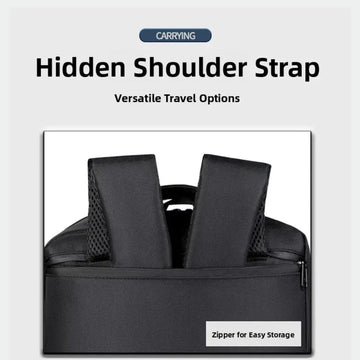 A black shoulder bag shown with a folded front view highlighting a hidden strap design. Text above reads 'CARRYING Hidden Shoulder Strap Versatile Travel Options,' and a label at the bottom says 'Zipper for Easy Storage.
