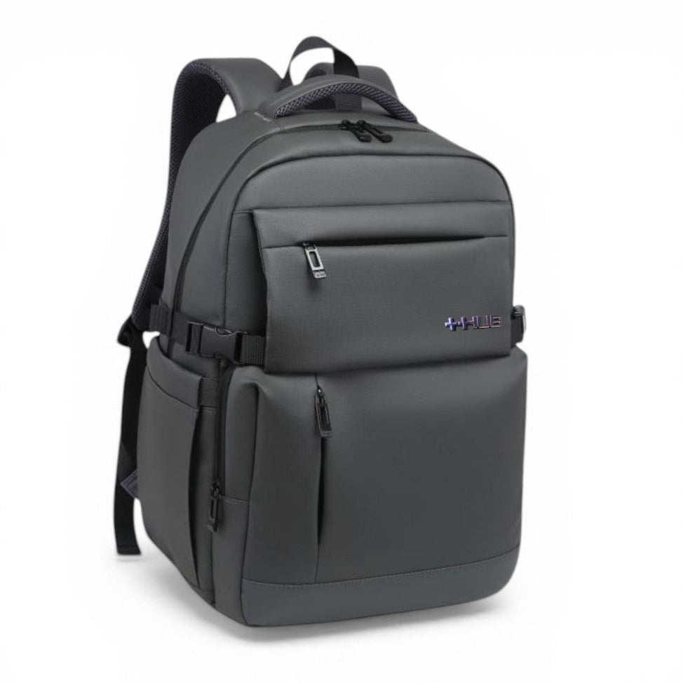 Gray backpack with multiple pockets on a white background
