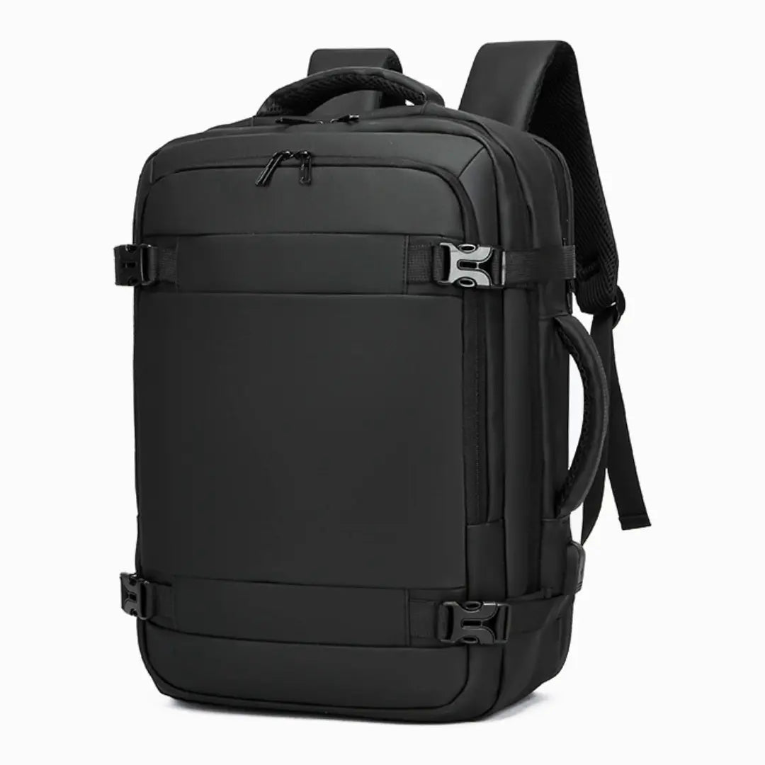 Black travel backpack with multiple straps and buckles, ideal for students and laptop carry
