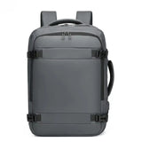 Grey travel backpack with side straps and top handle for laptop and student use