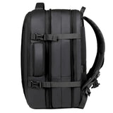 Black travel backpack with padded straps and compression buckles for secure carry