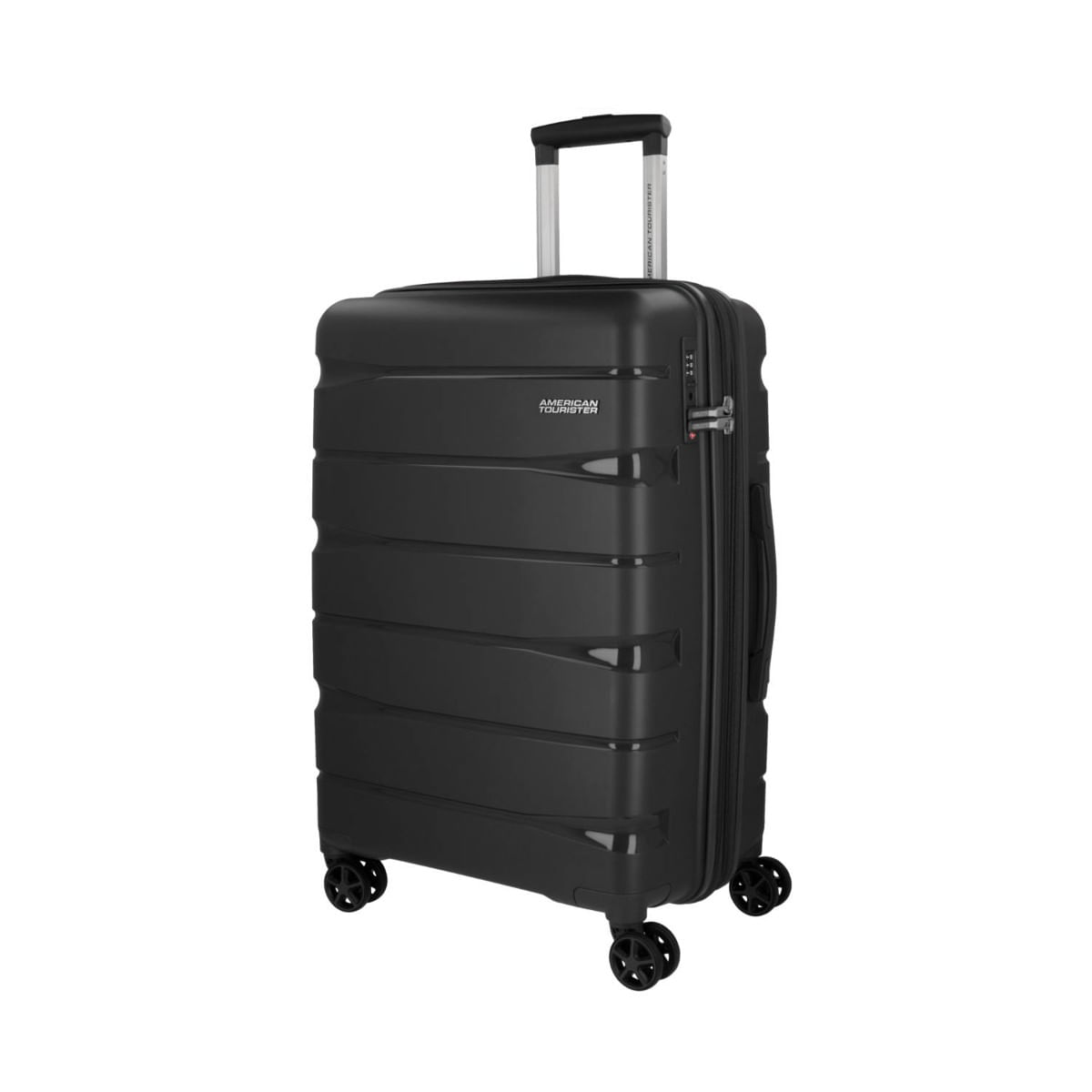 Black American Tourister hardshell suitcase with 4 spinner wheels and telescopic handle for travel