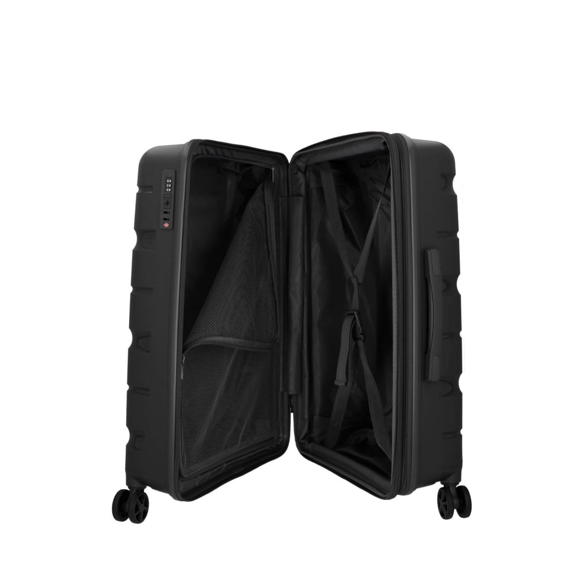 Black hardshell travel suitcase with 4 wheels, open to show interior mesh pockets and straps