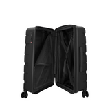 Black hardshell travel suitcase with 4 wheels, open to show interior mesh pockets and straps