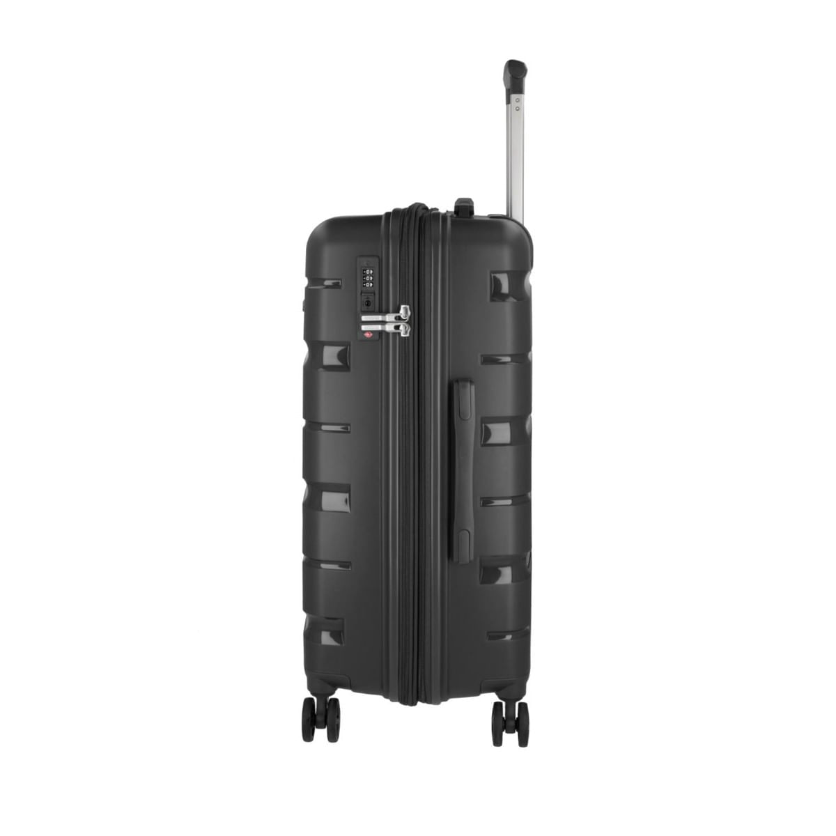 Black hard-shell travel suitcase with 4 wheels and extendable handle, ideal for luggage and travel