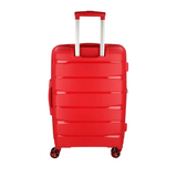 Red hard-shell travel suitcase with 4 spinner wheels and telescopic handle