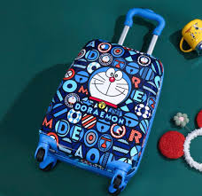 Blue Doraemon kids suitcase with colorful cartoon print, ideal for travel or school