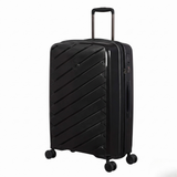 Black hardshell suitcase with diagonal ridges, 4 spinner wheels, and telescopic handle for travel