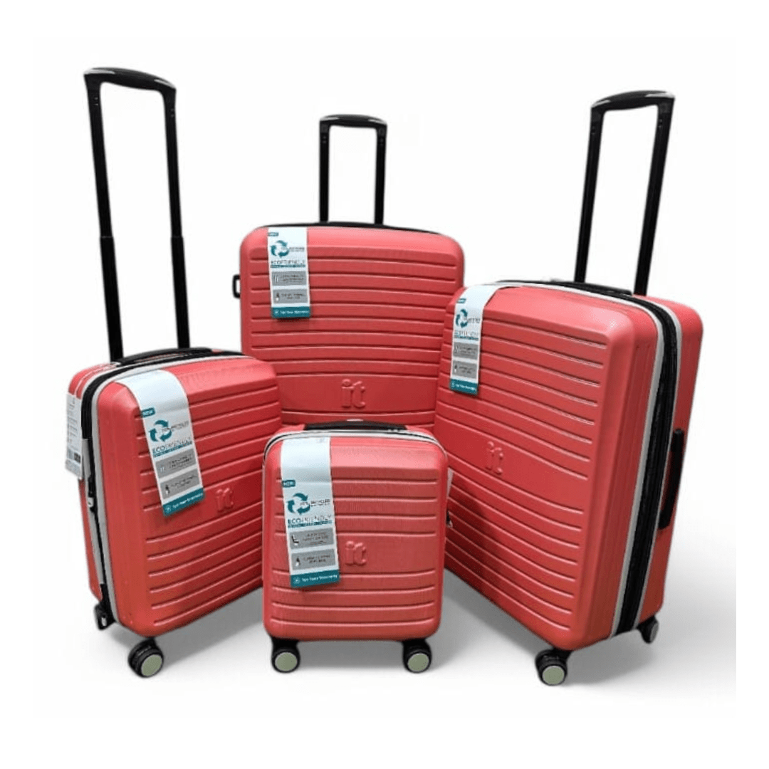 Red hard-shell travel luggage set with spinner wheels, ideal for students and travelers