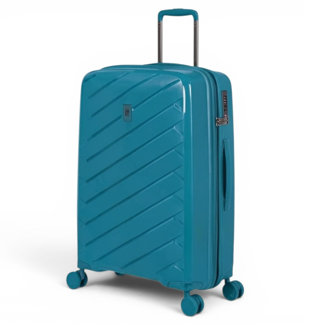 Teal hard-shell travel suitcase with diagonal ribbed design and 360-degree spinner wheels