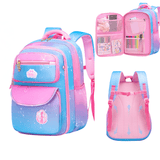 Pink and blue kids school backpack with constellation print, multiple pockets, and ergonomic straps for students
