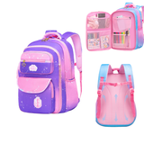 Purple and pink kids school backpack with starry design, organized interior, and breathable back panel