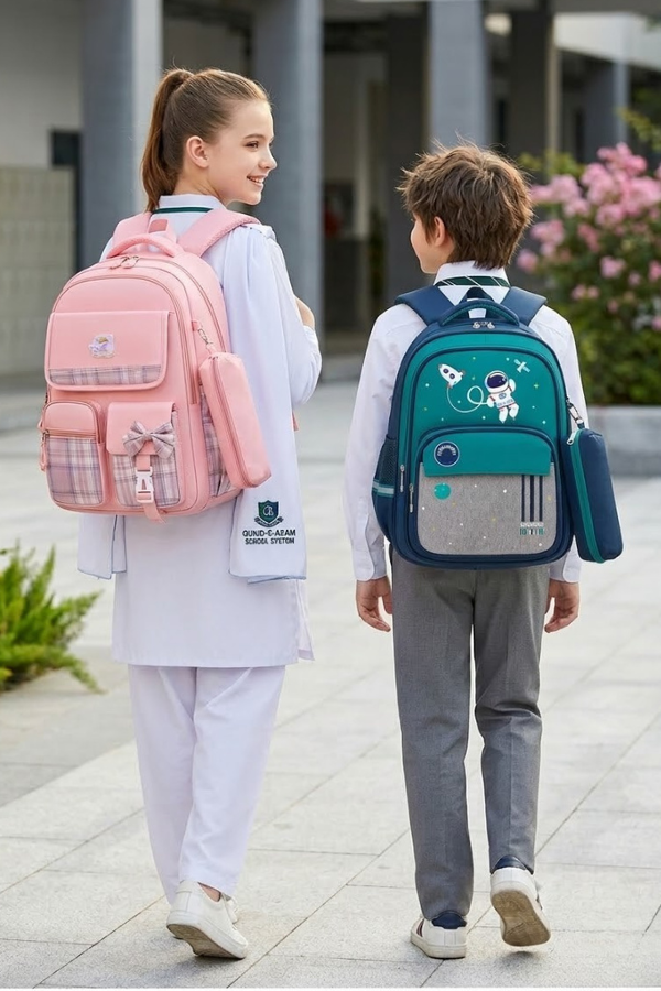 Two children wearing backpacks, one pink and one blue with a cartoon design, in an outdoor setting.