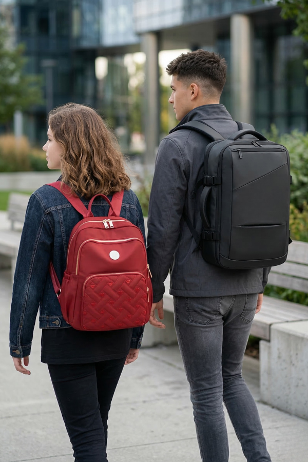 Two people walking outdoors with red and black backpacks.