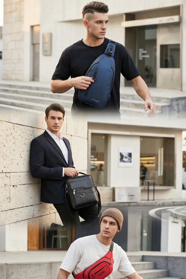 Three men with different colored crossbody bags in an urban setting.