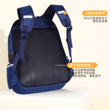Blue student backpack with S-shaped wide straps and breathable mesh back panel for comfort