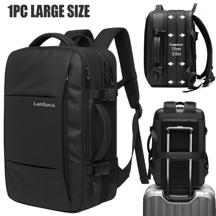Large black travel backpack with 10cm expansion, laptop compartment, and luggage strap for easy travel