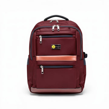Maroon backpack with a visible brand logo on a white background