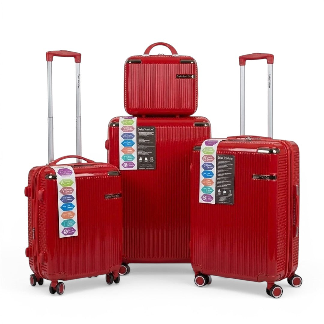 Red Swiss Tourister hard shell luggage set with spinner wheels, ideal for travel and students