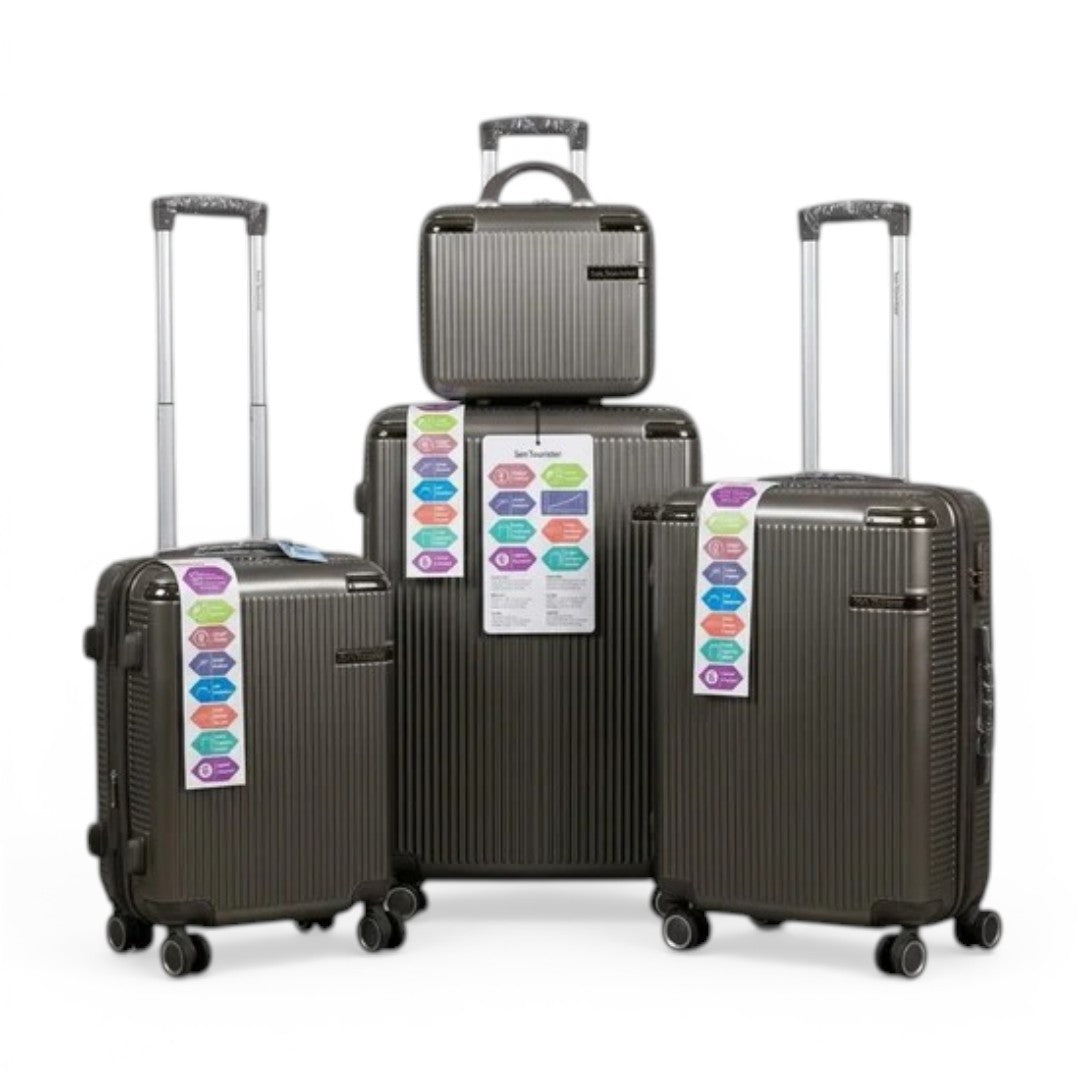 Set of three dark gray hardshell suitcases with spinner wheels and colorful feature tags, ideal for travel