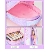 Pink and purple student backpack with star print, spacious interior, and front pencil pouch for school supplies