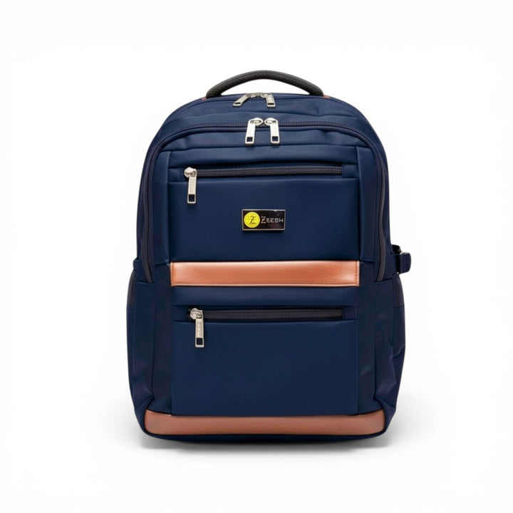 Navy blue backpack with brown accents on a white background