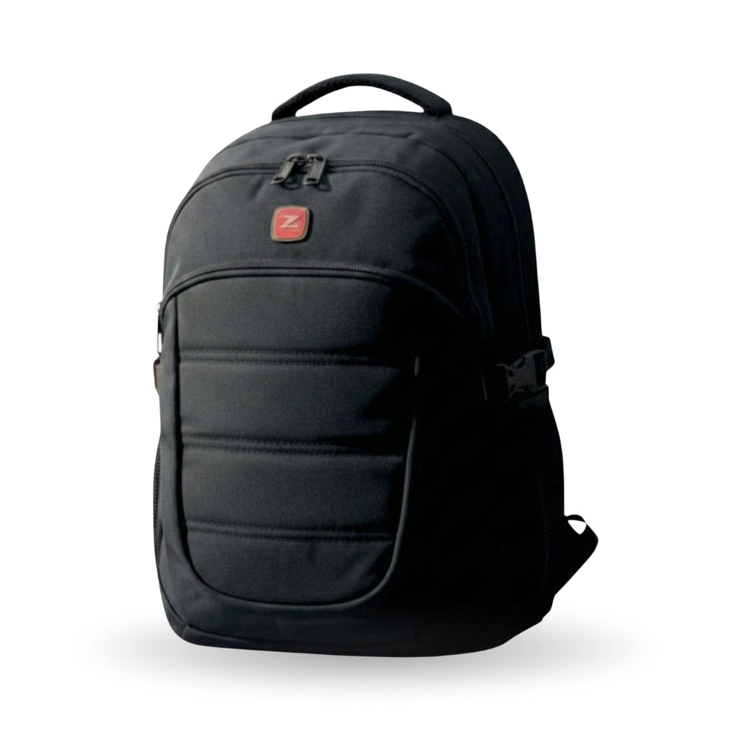 Black backpack with a brand logo on a white background