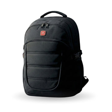 Black backpack with a brand logo on a white background
