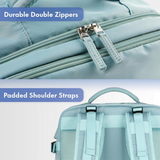 Light blue backpack with durable double zippers and padded shoulder straps for travel or school