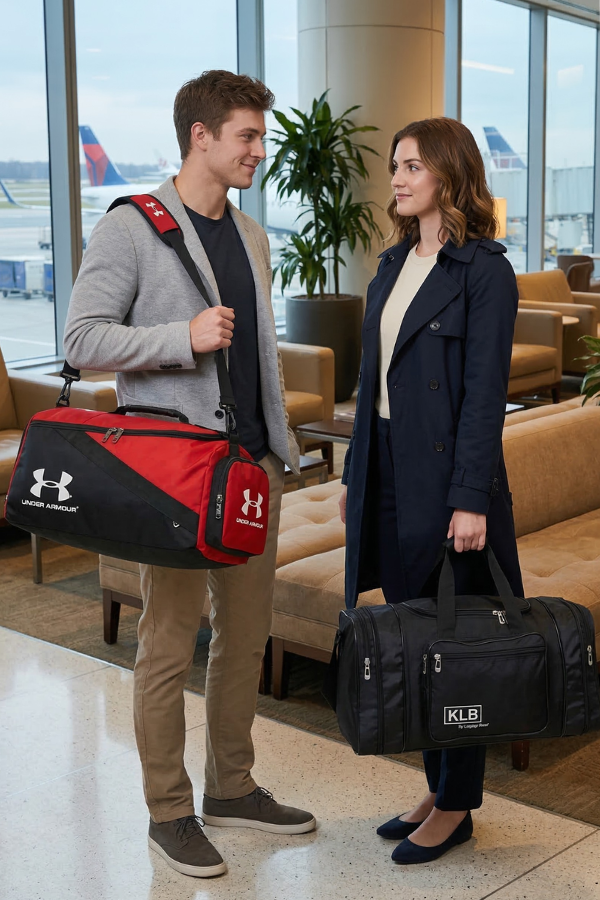 Two people with luggage in an airport terminal