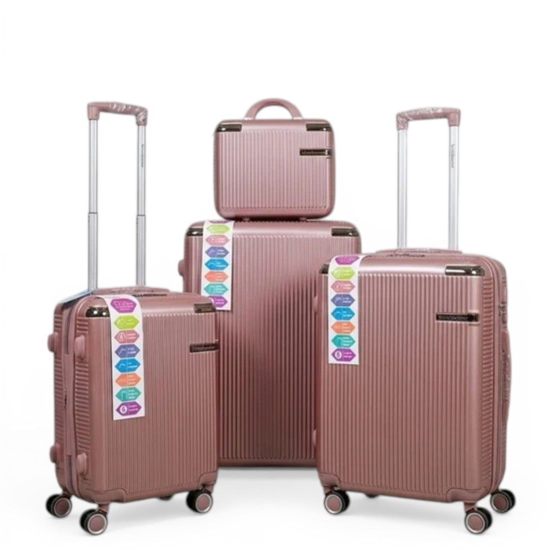 Rose gold hardshell luggage set with spinner wheels, ideal for travel and students