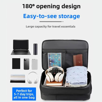 A black expandable travel organizer bag shown open with accessories inside, including a tablet, headphones, notebook, wallet, and folded clothing. Text above reads '180° opening design' and 'Easy-to-see storage,' with additional small device and accessory icons on the left and a blue badge at bottom left saying 'Perfect for 5-7 day trips, all in one bag.