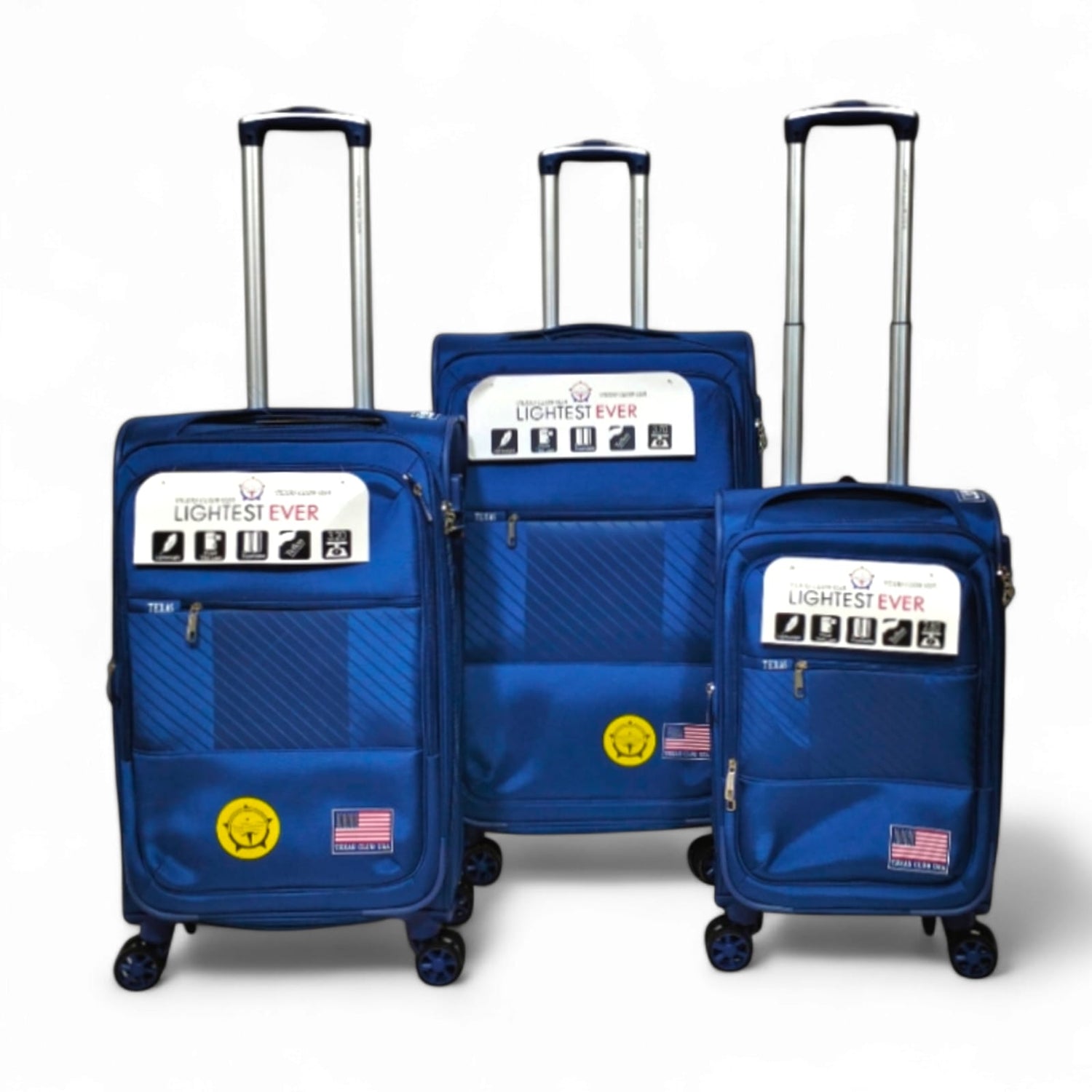 Blue lightweight travel luggage set with wheels, ideal for students and trips