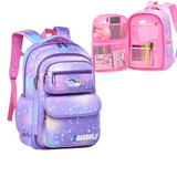 Purple galaxy print student backpack with pink straps, ABC logo, and organized interior pockets for school supplies