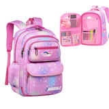 Pink holographic student backpack with rainbow ABC patch, multiple pockets, and organized interior for school supplies