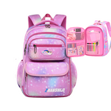 Pink unicorn-themed school backpack with heart print, front pocket, and organized interior for kids