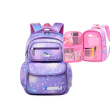 Purple galaxy print student backpack with pink interior, pockets for school supplies, ideal for kids and travel