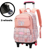 Pink plaid rolling backpack with 2 wheels, cute bunny print, ideal for students and travel