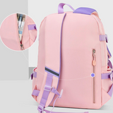 Pink student backpack with purple straps, front zipper pocket, and side pen holder for school or travel