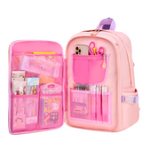 Pink student backpack with mesh pockets, pens, scissors, phone, and school supplies organized inside